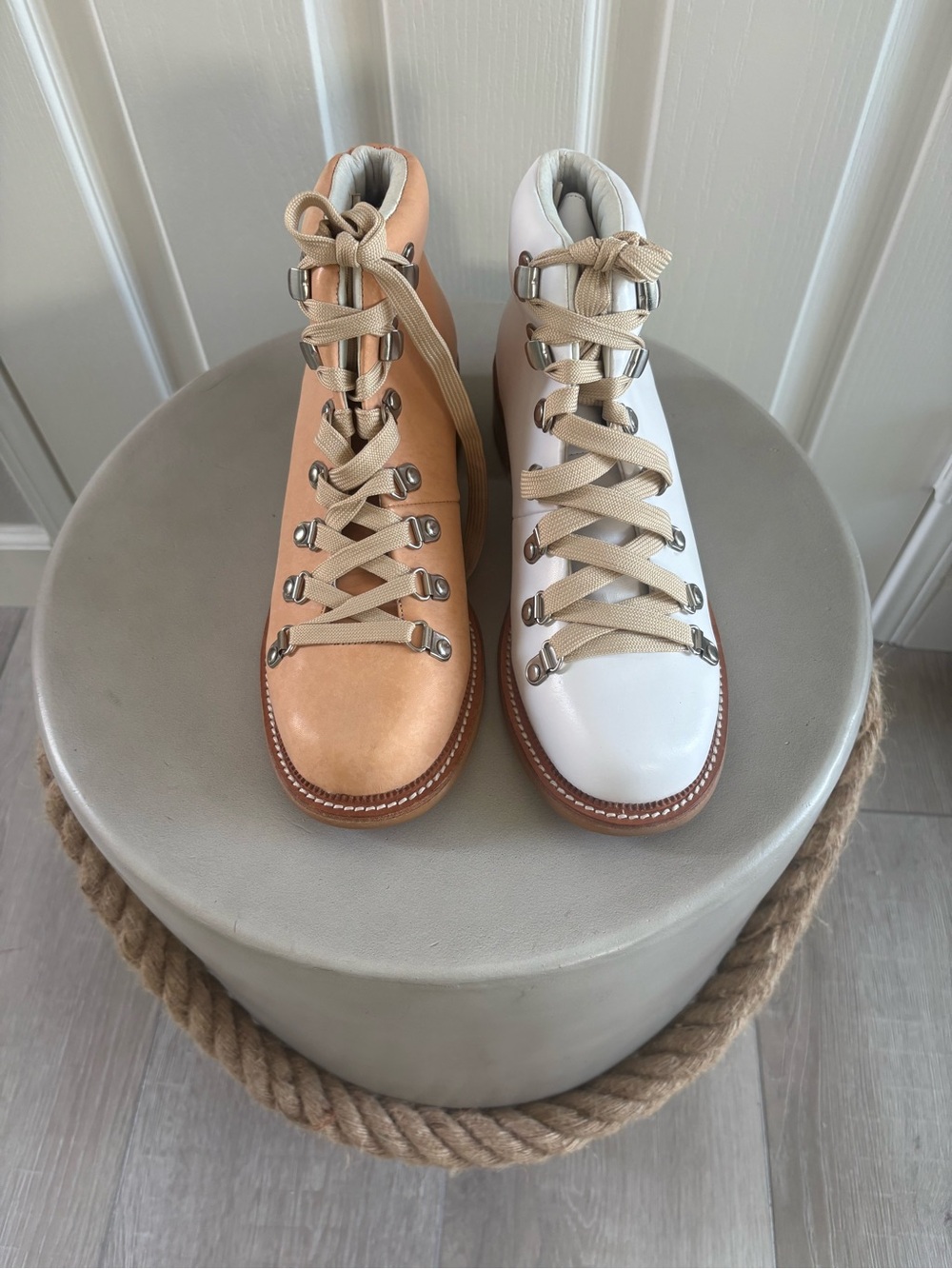 Jeffrey Campbell| Leather Hiker Boots |Mismatched White + Blush Pink  | Sz 8.5